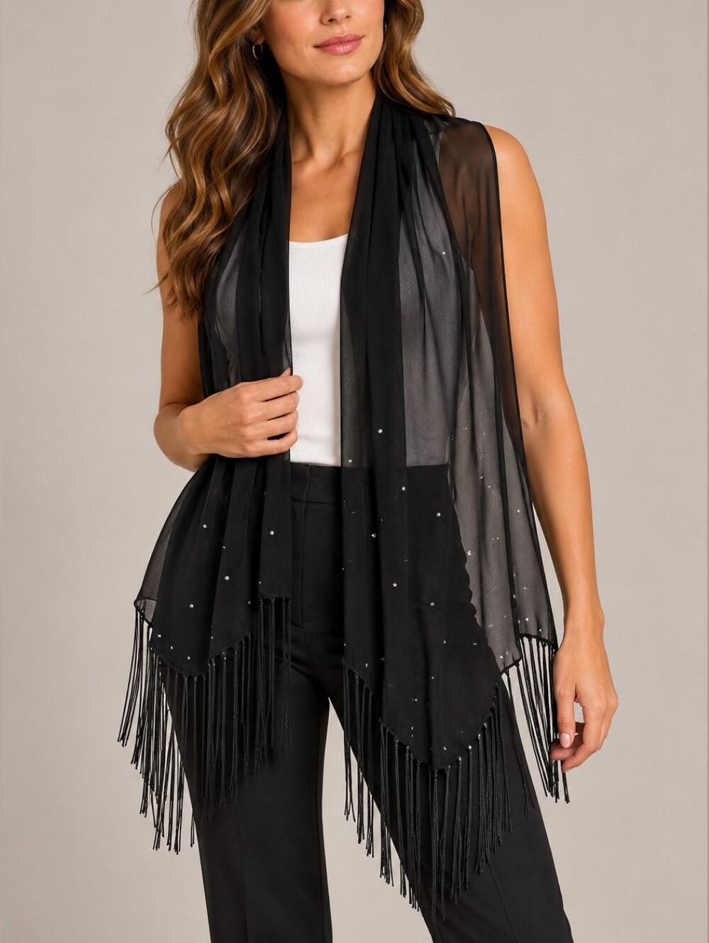 BAAR & BEARDS | Women's Black Sheer Rhinestone Fringe Scarf